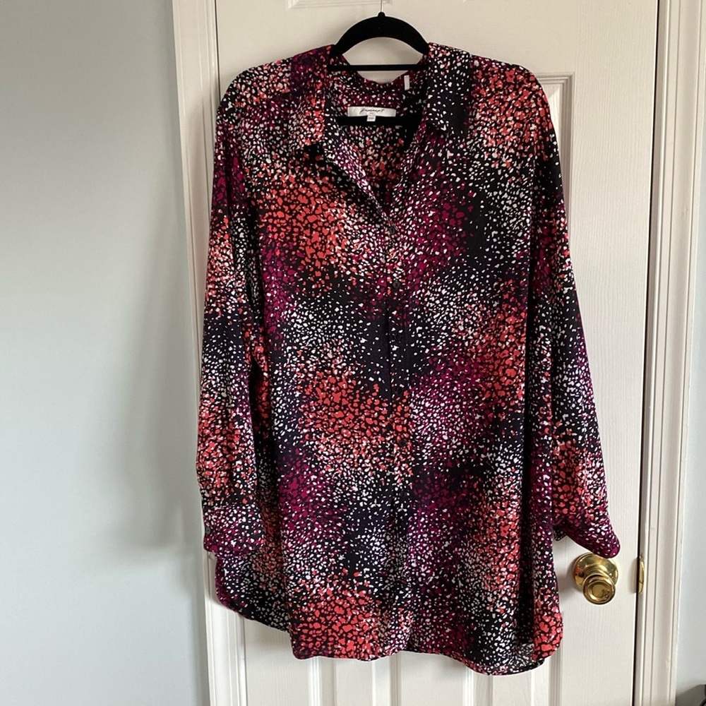 Foxcroft Sheer Multicolor Geo Dot Print Button Down Tunic Womens Size 22W